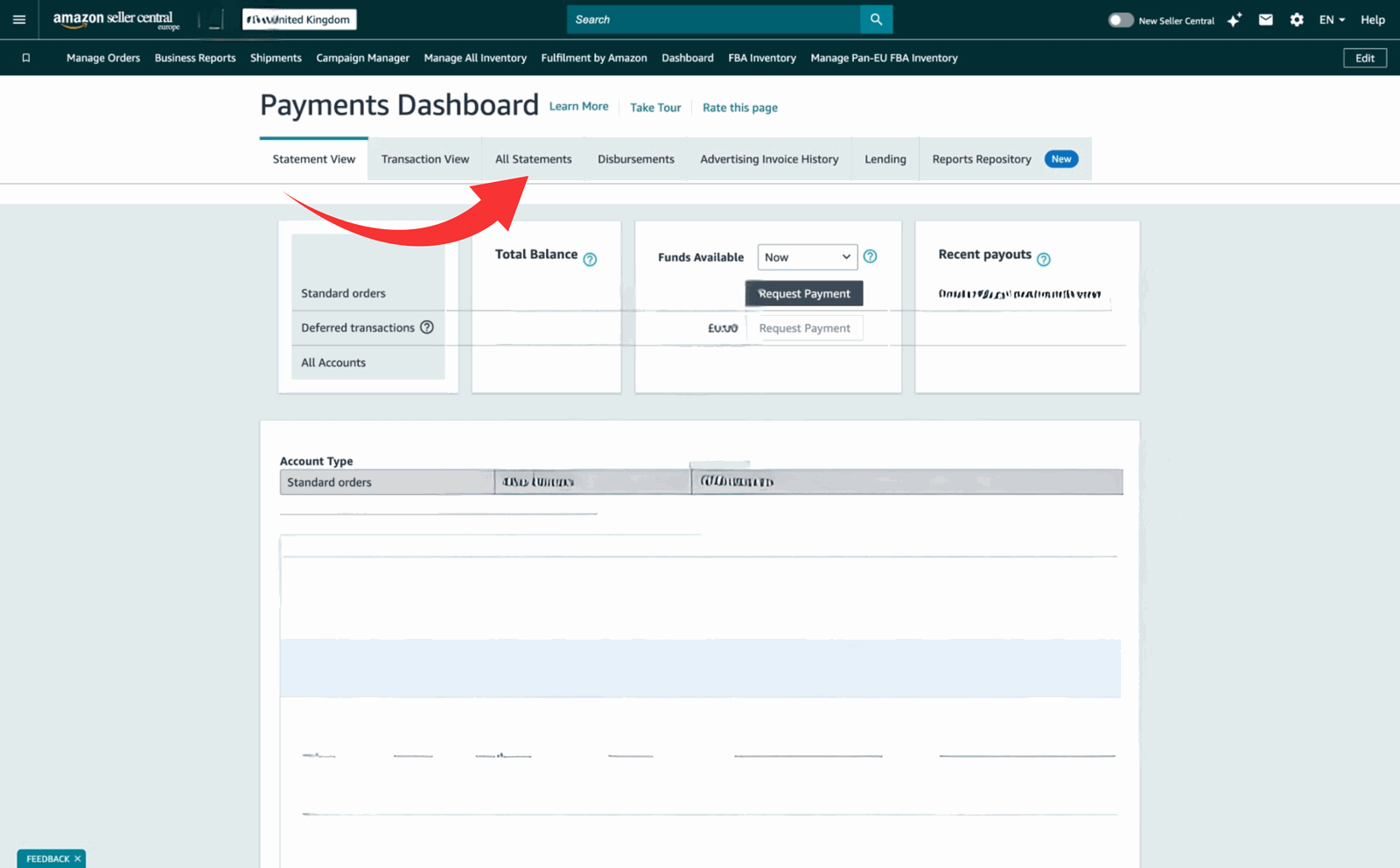 Amazon Seller Central Payments dashboard with the All Statements tab highlighted