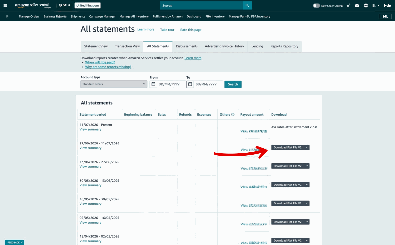 Amazon All Statements list with the Download Flat File V2 button highlighted for one settlement period