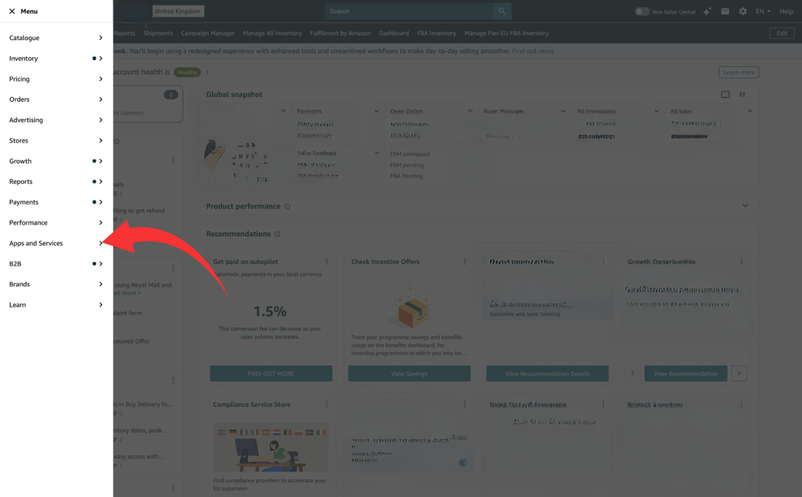 Amazon Seller Central menu with Apps and Services highlighted — Develop Apps lives here