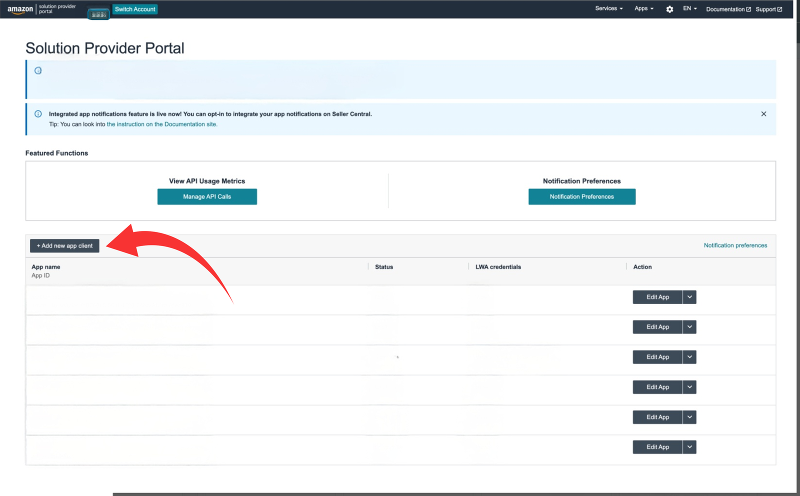 Amazon Developer Console (Solution Provider Portal) with the Add new app client button highlighted