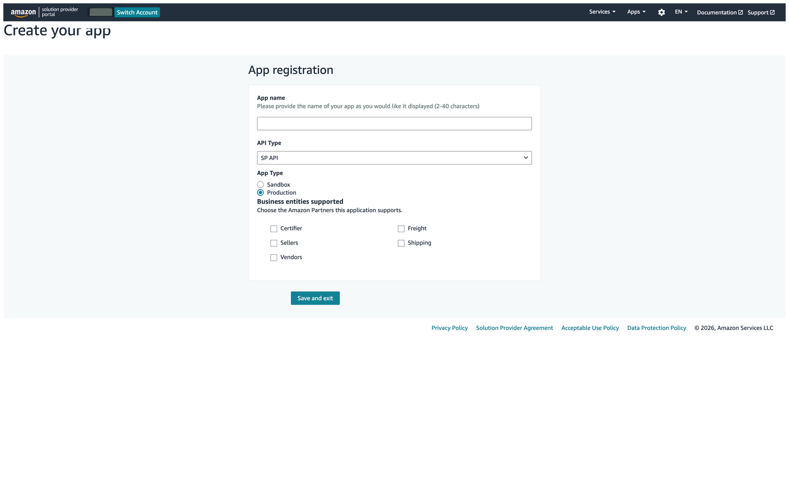 Amazon SP-API app registration form: app name, SP API type, Production