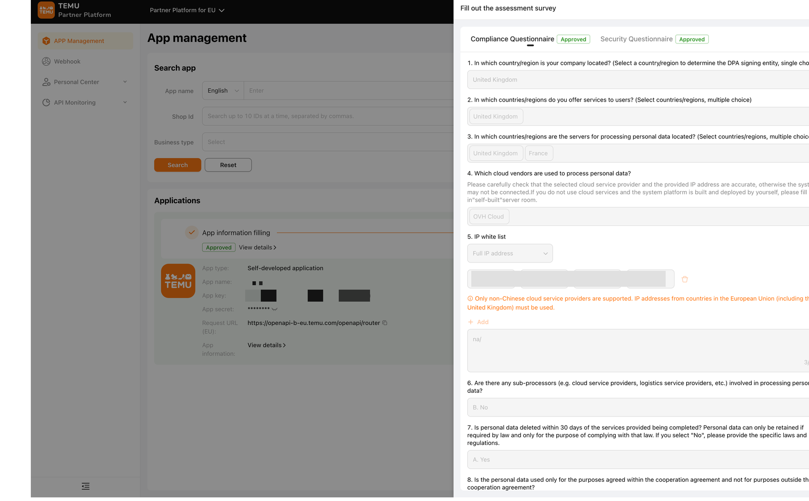 Temu Partner Platform — app details and the compliance and security assessment survey