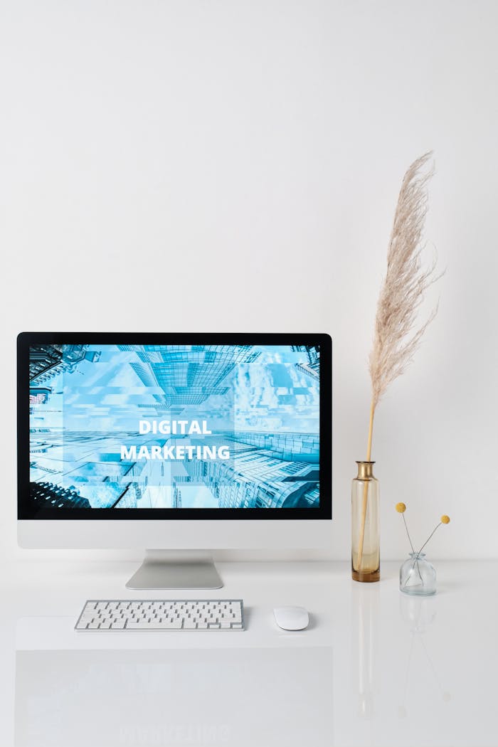 journey Modern workspace featuring a monitor displaying digital marketing graphics on a minimalist desk.